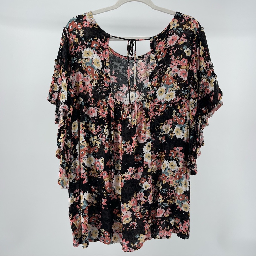 Maurices Black Floral Flutter Sleeve Lightweight Blouse Top, Women's 2X - Picture 4 of 8